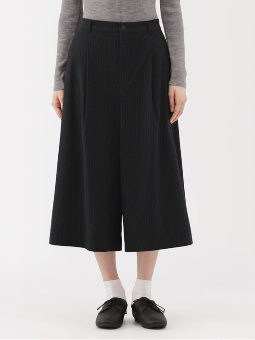 Muji Black Brushed Wool Wide-Leg Pinstripe Culottes/Cropped Pants